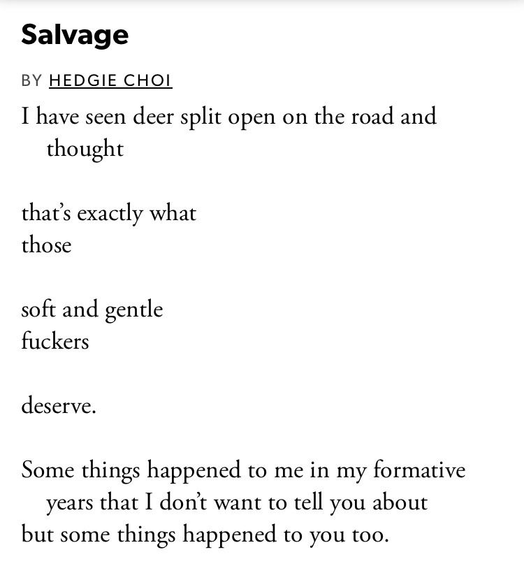 Salvage,
By Hedgie Choi. I have seen deer split open on the road and thought that’s exactly what those soft and gentle fuckers deserve. Some things happened to me in my formative years that I don’t want to tell you about but some things happened to you too.